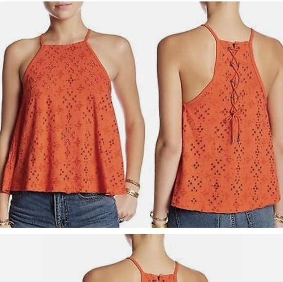 𝅺free PEOPLE orange dream eyelet cut away halter tank top xs - Picture 8 of 9